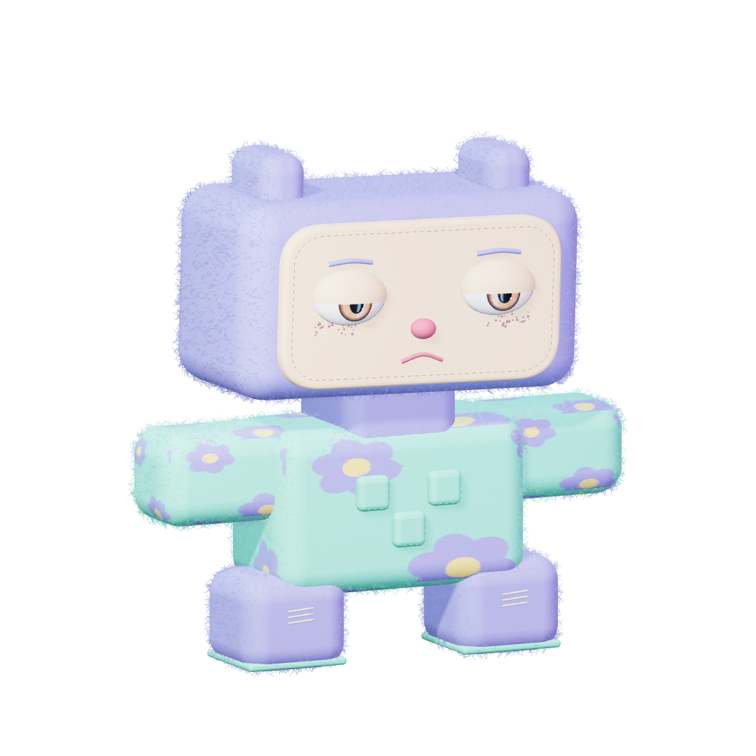 Miff, a lavender plush alien with a pale face and mint flower outfit.